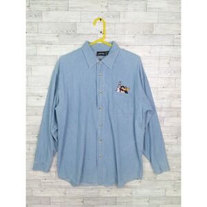 Men's Vintage Looney Tunes Embroidered Chambray Button Down Shirt Sz Large